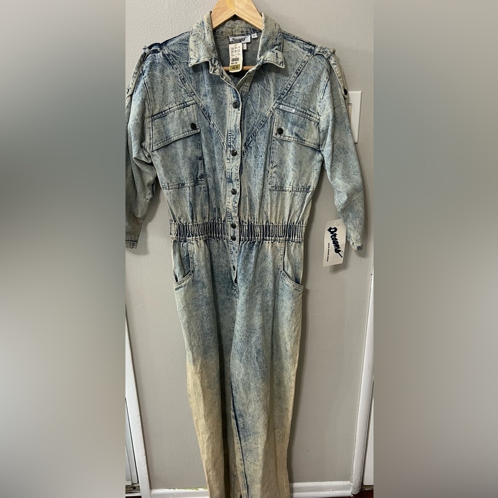80s Vintage Dreams Acid Wash Denim Jumpsuit L — Shoulder Pads, Elastic Waist NWT